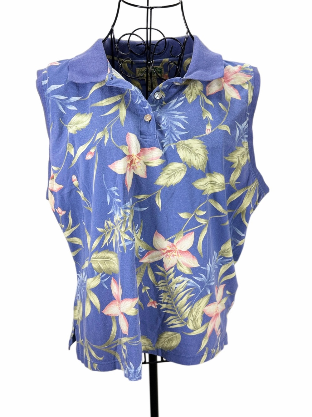 Hawaii Jacks Cafe Blue Floral Polo Tank with Pink/Green Accents Abalone Buttons
